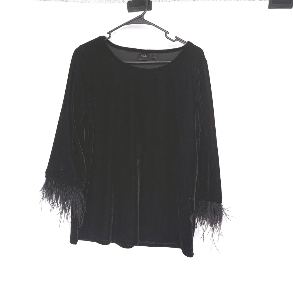 Rafaella Velvet Top Womens Medium Black Feather Trim Cuff 3/4 Sleeve Blouse